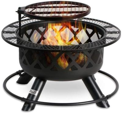 Outdoors Steel Wood Burning Fire Pit Backyard With Cooking Grill 32in 24in