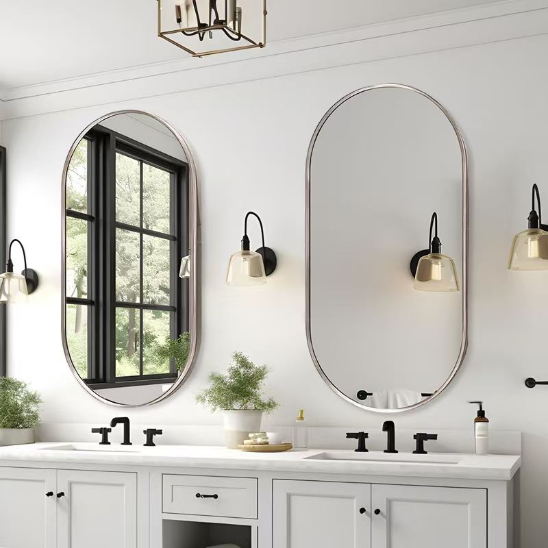 Kingstin Modern Oval Bathroom Mirror, Brushed Silver Stainless Steel Frame, Wall-Mounted Minimalist Vanity Mirror, Customizable
