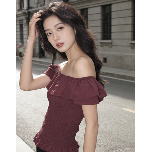 Summer Off-the-Shoulder Smocked Crop Top - Ruffle Trim in Burgundy, Yellow, Black & White