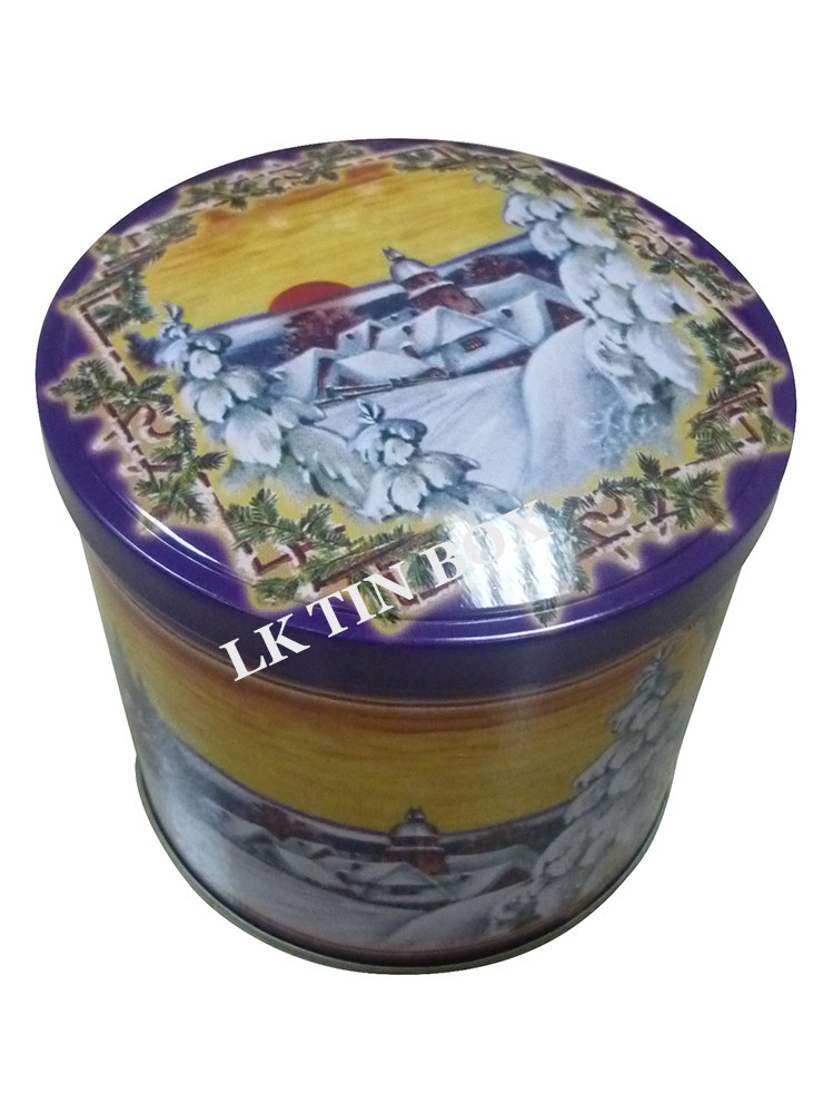 Food Grade Round Tinplate Cookie Tin Box Printing With Rolled In Edge Lid