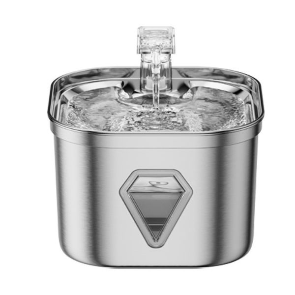 2.5L Stainless Steel Automatic Pet Water Fountain Portable Pet Dispenser Water Level Window Charge Power Source for Cats Dogs