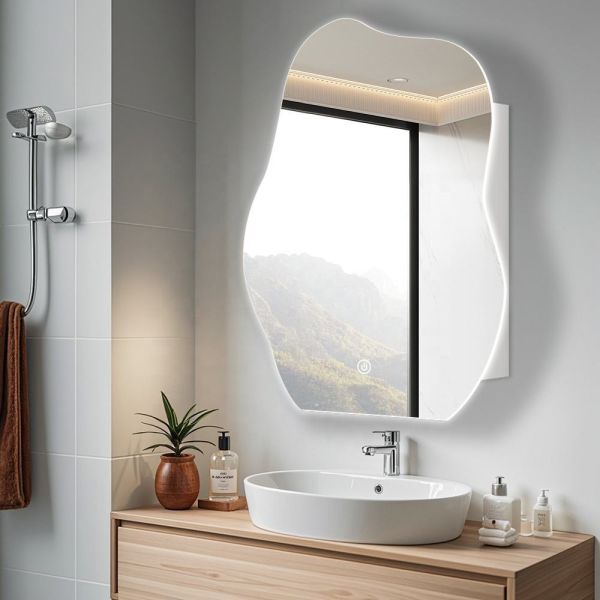 Irregular LED Light Mirror Cabinet Wall Mounted Side Lighted with Storage Compartment White Cabinet 4mm Silver Mirror