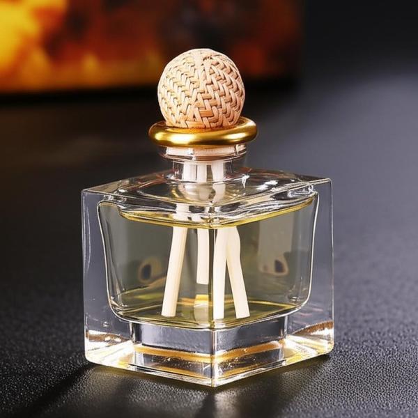 Botella de perfume para coche con bola de madera de ratán de 8 ml con tapa de madera