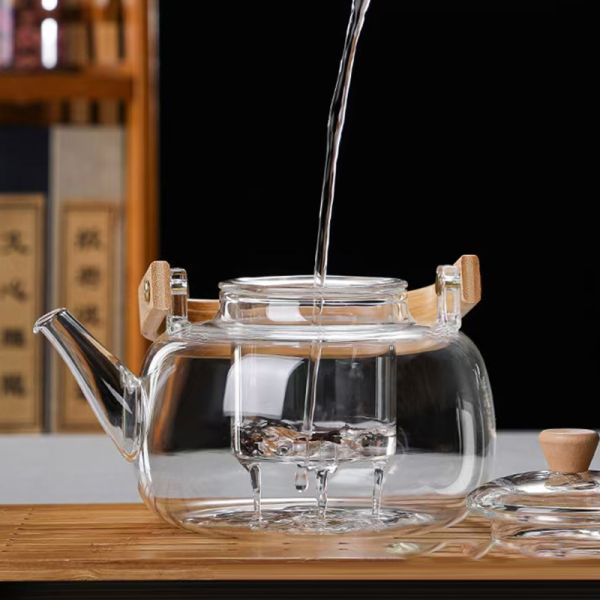Eco Friendly Glass Tea Pot Transparent Glass Kettle With Wooden Lid Large Capacity