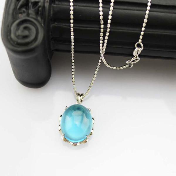 925 Silver Pendant Necklace with  Oval Dome Blue Topaz Cubic Zircon  (P40)