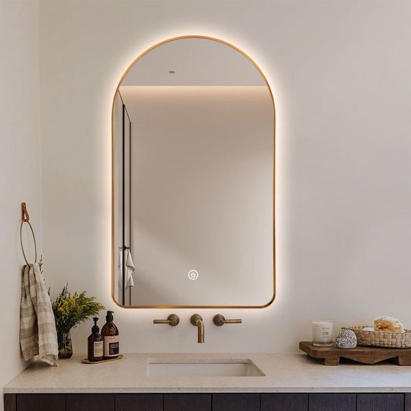 Gold Aluminum Frame LED Bathroom Mirror Anti Fog Touch Sensitive Mirror Arched LED Back Light Mirror