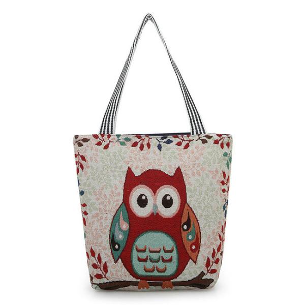 Cartoon Owl Print Canvas Shopping Bags Large Capacity For Women