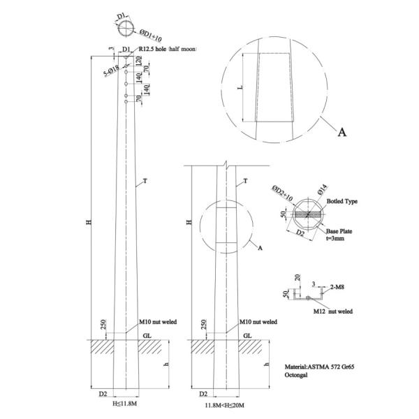 поляк 12м гальванизированный Африкой стальной, стальные общего назначения поляки с 3 уровнями оружий