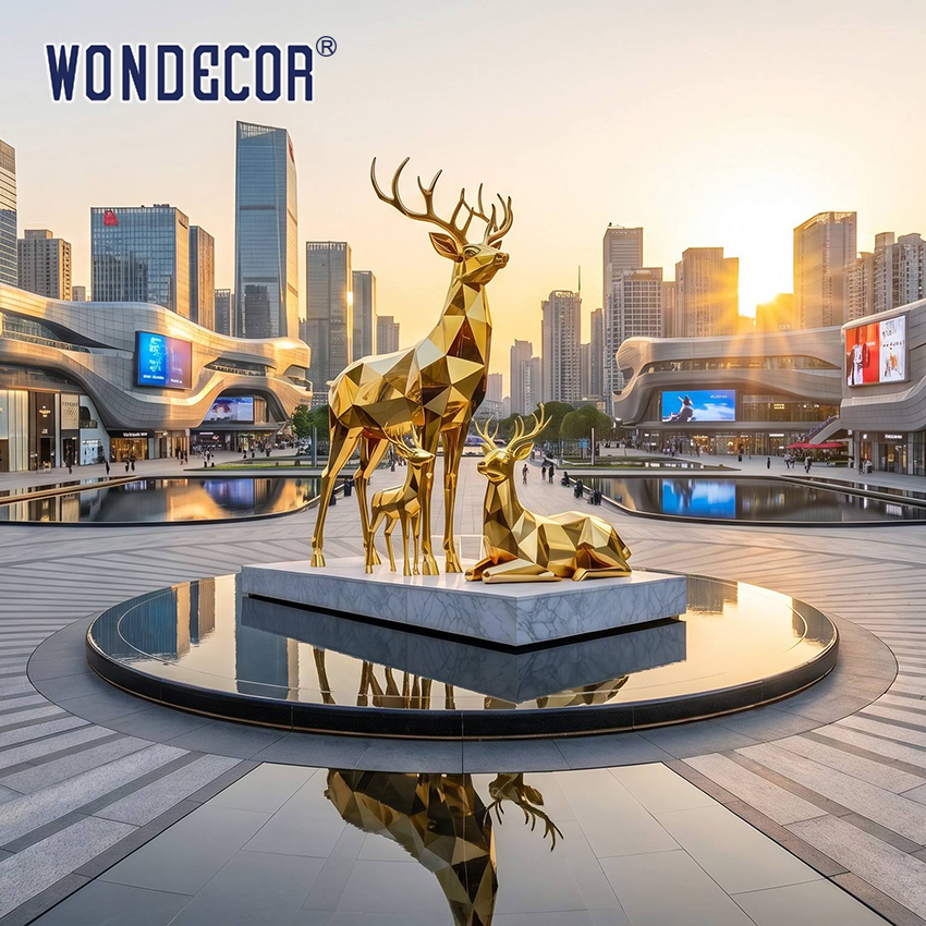 Large Gold‑Plated Stainless Steel Geometric Faceted Deer Family Sculpture for Shopping Mall Festival Outdoor Landscape