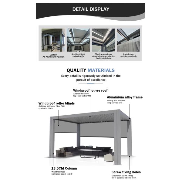 Opening Roof Pergola Adjustable Waterproof Garden Motorized Pavilion Gazebo Aluminum Alloy Luxury Customized Eco-Friendly