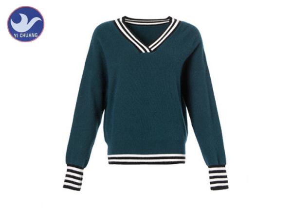 Dark Green Ribs Womens Knit Pullover Sweater Stripes in V Neck , Cuff And Welt
