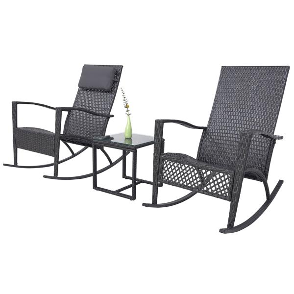 All-Weather PE Rattan Rocking Chair Set Outdoor Patio Conversation Wicker Rockers Tempered Glass Coffee Table for Balcony