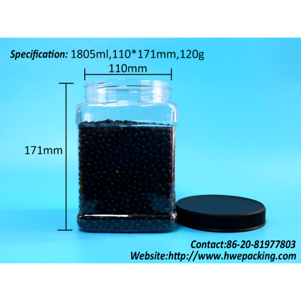Food Grade Black Screw Lid PET Plastic Grip Square Food Jar For Baby Food Candy Cookies