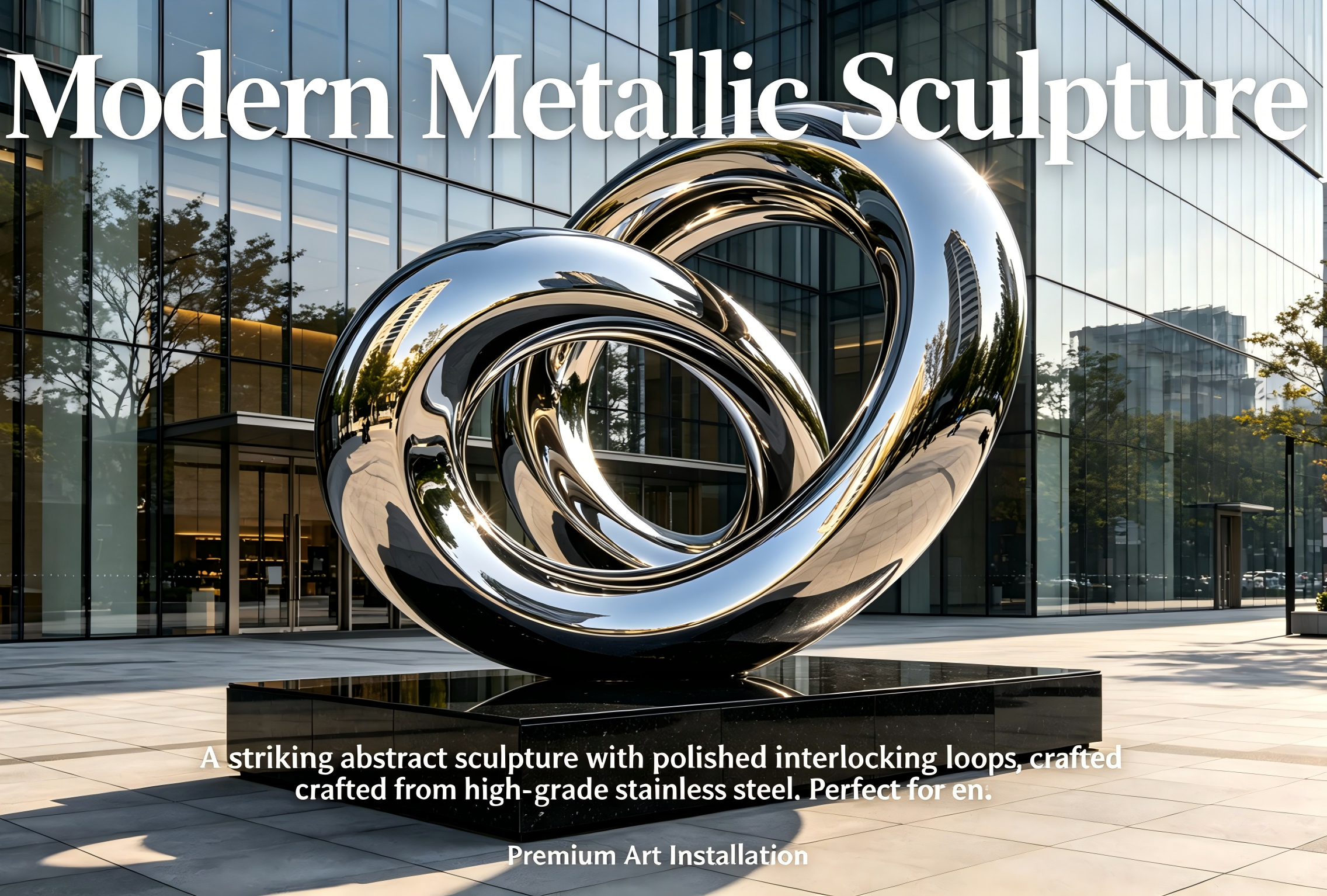 Mirror Polished 304 Stainless Steel Public Art Sculpture with Intertwined Double Helix Structure and Black Solid Granite Base