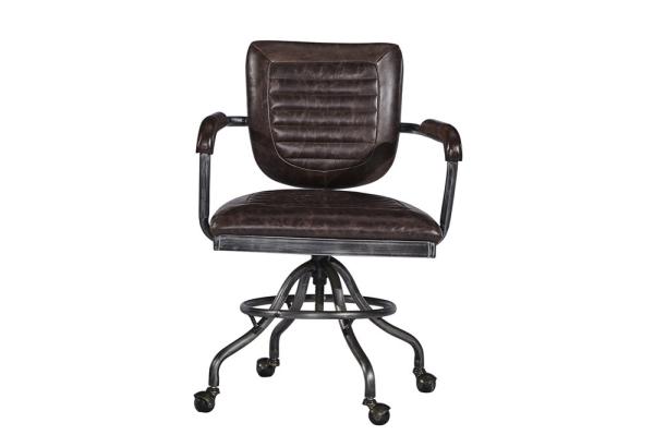 Vintage Brown Leather Office Desk Chair Small Space Swivel Wheel Legs Durable Iron Frame