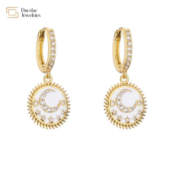 Moon And Star 24k Gold Plated Jewelry Round Dangle Drop Earrings