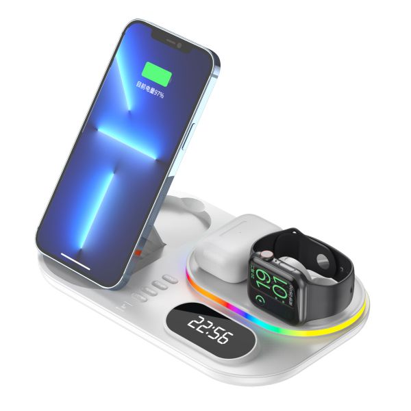 Foldable RGB Alarm Clock Wireless Charger Stand 4-in-1 Magnetic Charging Station LED Light Fast Wireless Charging Dock