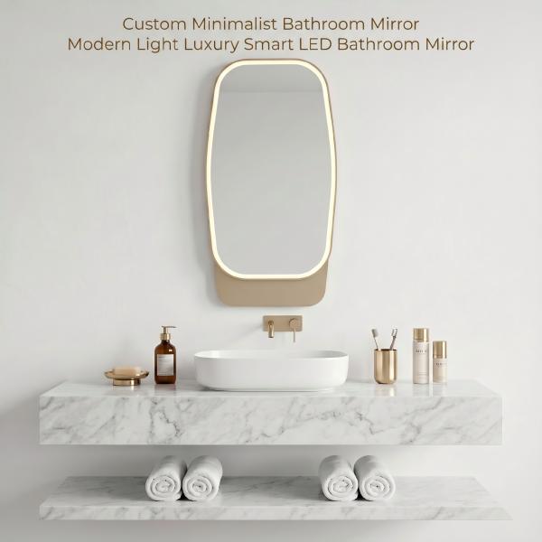 Kingstin Custom Smart LED Bathroom Mirror with Storage, Anti-Fog, Dimmable, Time Display, Gold Aluminum Frame