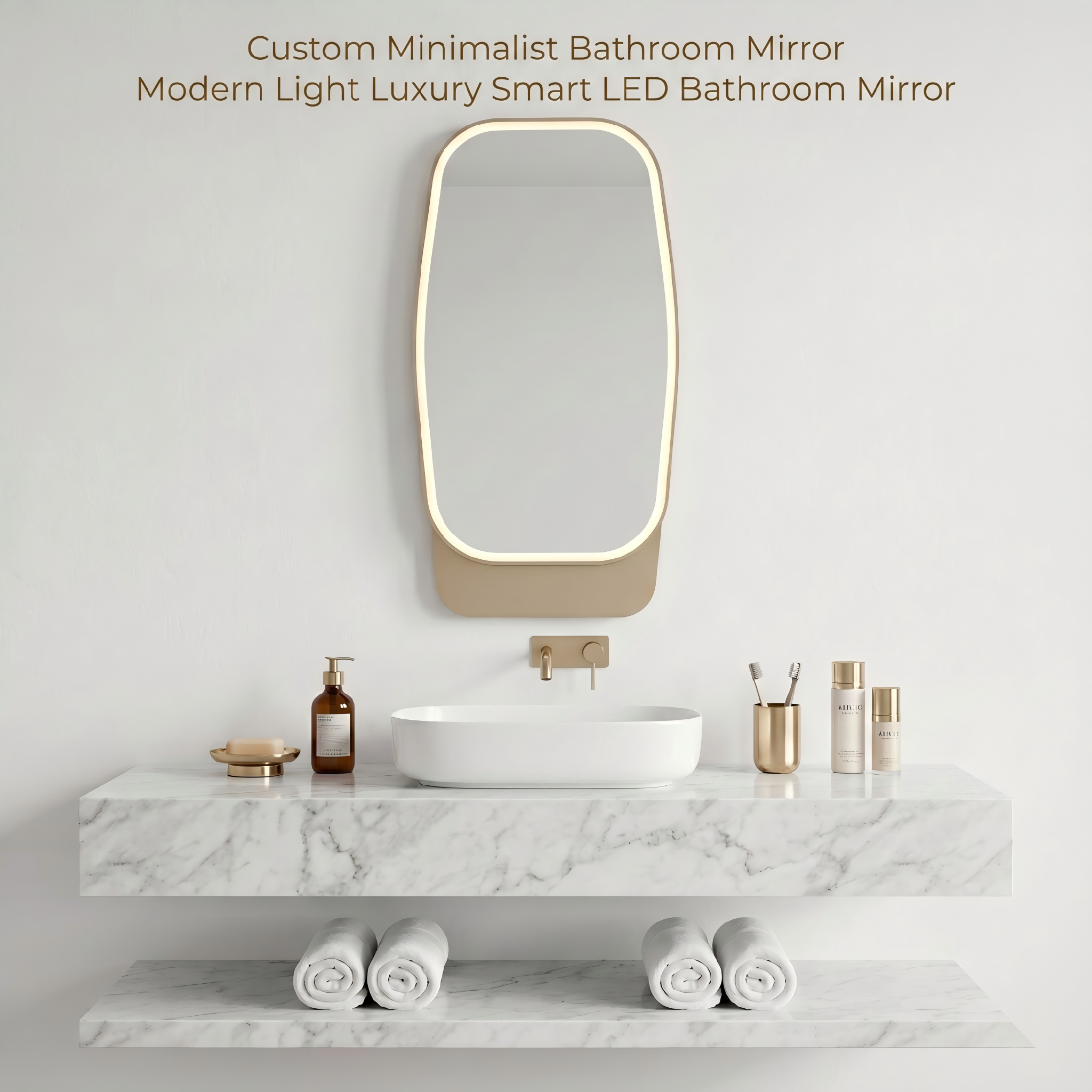 Kingstin Custom Smart LED Bathroom Mirror with Storage, Anti-Fog, Dimmable, Time Display, Gold Aluminum Frame