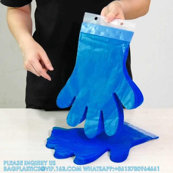 Custom Packaged Food Grade Premium Disposable Blue Poly Disposable Gloves With Hang Tabs Food Prep Plastic Glove