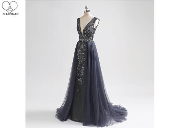 Long Tail A Line Ball Gown Navy Blue V Neck No Arm Backless Heavy Beading Tulle
