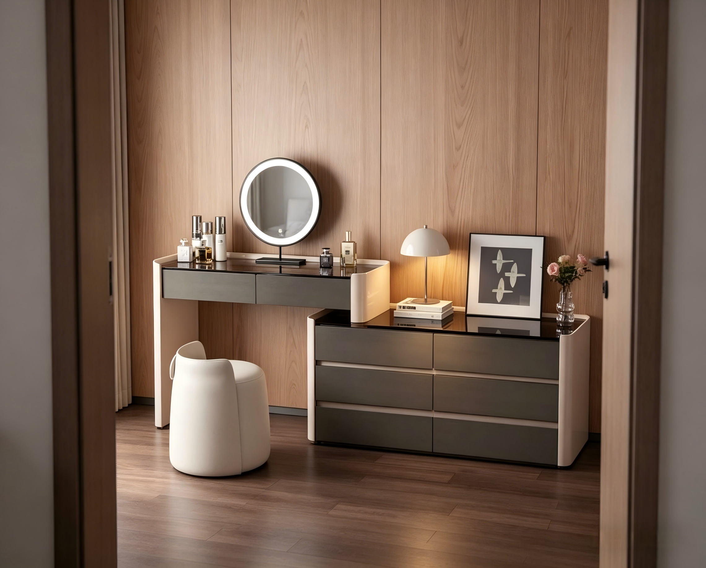 Modern Extendable Vanity Desk With Dresser Combo Apartment Furniture