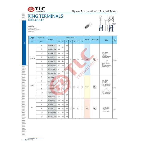 Nylon Insulated Ring Terminals With Brazed Seam DIN 46237 Ring Cable Lugs 2.5-10mm2