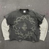 MeiYue T-shirt d'écran d'impression de détresse T-shirt vintage en coton déchiré double couche Waffle long manche surdimensionnée T-shirt de lavage à l'acide pour hommes