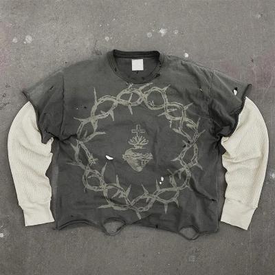 MeiYue T-shirt d'écran d'impression de détresse T-shirt vintage en coton déchiré double couche Waffle long manche surdimensionnée T-shirt de lavage à l'acide pour hommes