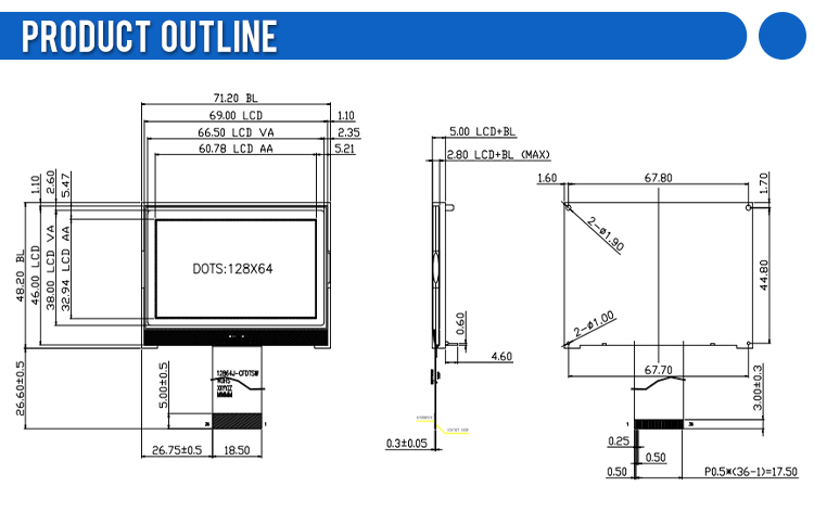 Blue Film COG12864J-CFDTSW Screen Display Graphic Cog Fog LCD With LED Backlight