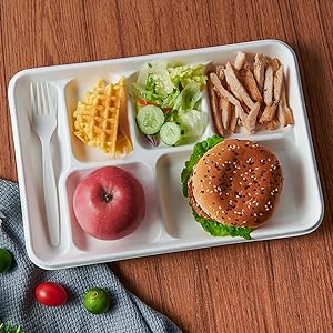 Compostable 6 Compartment Plates, 90 Pack Compartment Paper Plate, 12.5 * 8.6 inch Disposable School Lunch Trays