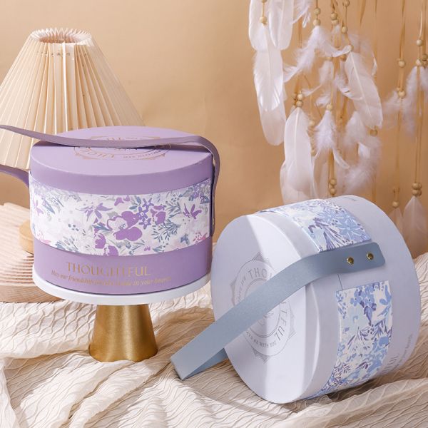 Floral Round Gift Box Set Elegant Wedding Birthday Favor Packaging Purple Blue Botanical Design Leather Carry Handles