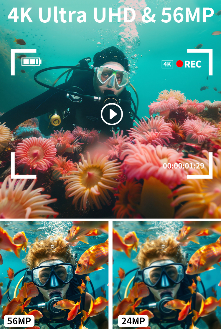 4K Underwater Camera 56MP UHD Video 16X Digital Zoom Anti Shake Auto Focus 2.7 Inch HD Screen for Snorkeling Diving and Swimming
