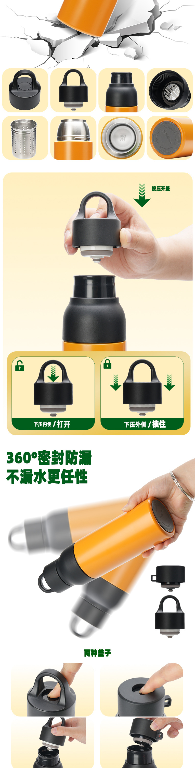 Nouveau Coupe isolée en acier inoxydable 304 transfrontalière à ouverture en un clic Coupe d'eau isolée pour voiture Sports Outdoor Coupe d'eau 500ml