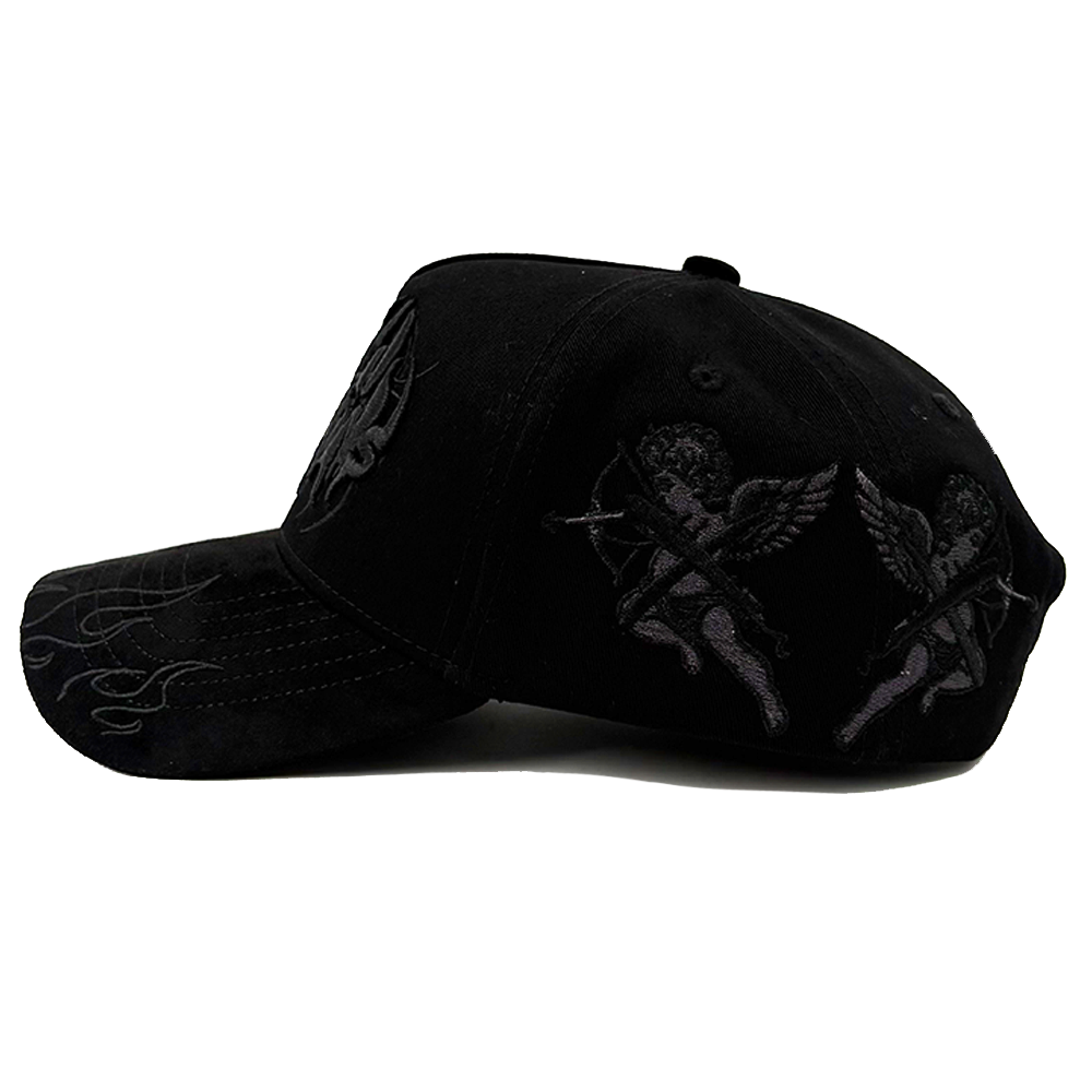 3D Embroidery Black On Black Baseball Caps Fire Flame Suede Visor Premium Angel Embroider Metal Tag Silk Lined