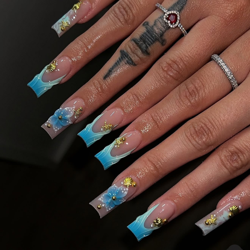 Ocean Style Ombre Artificial Nails Finish French Tip 3D Design