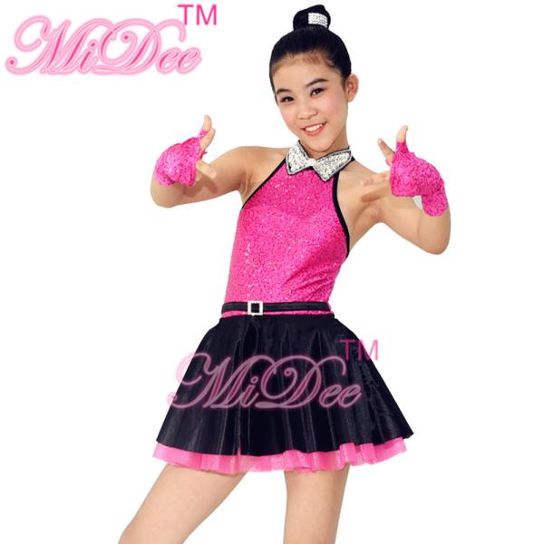 Fancy Polyester Lycra Girl Jazz Dance Dress With Rhinestones Choker Collar