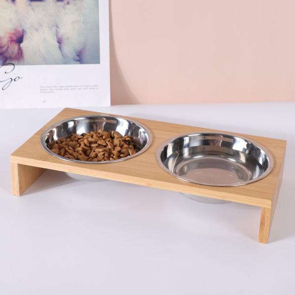 Elevated Double Bowl Frame Pet Ceramic Bowl Bamboo Wood Stand Ceramic Dog Bowls