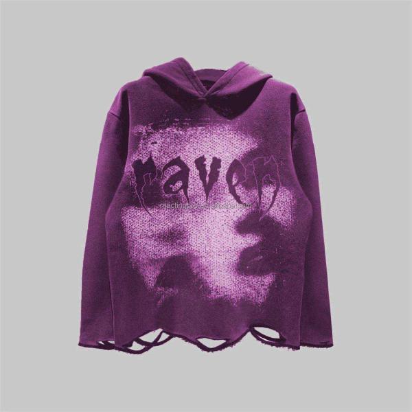 Dtg Pullover Hoodie Acid Wash Distressed Ripped Raw Hem Crop Hoodie Men Needle Detection Fabric 500grams