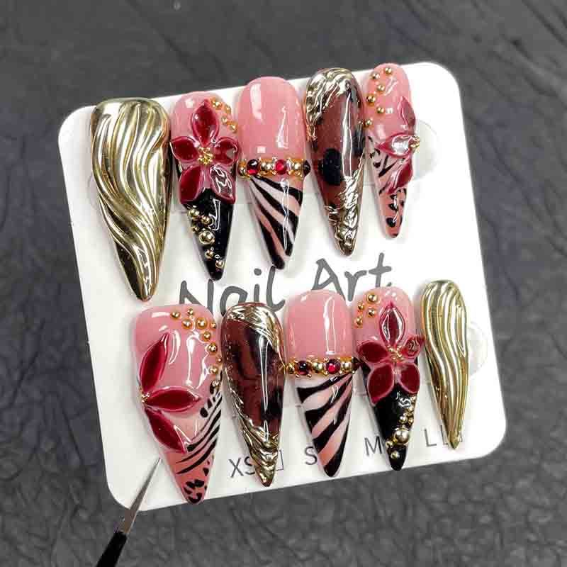 Handmade Press On Nails Long Stiletto 3D Wine Red Flower Zebra Print Nail Tips