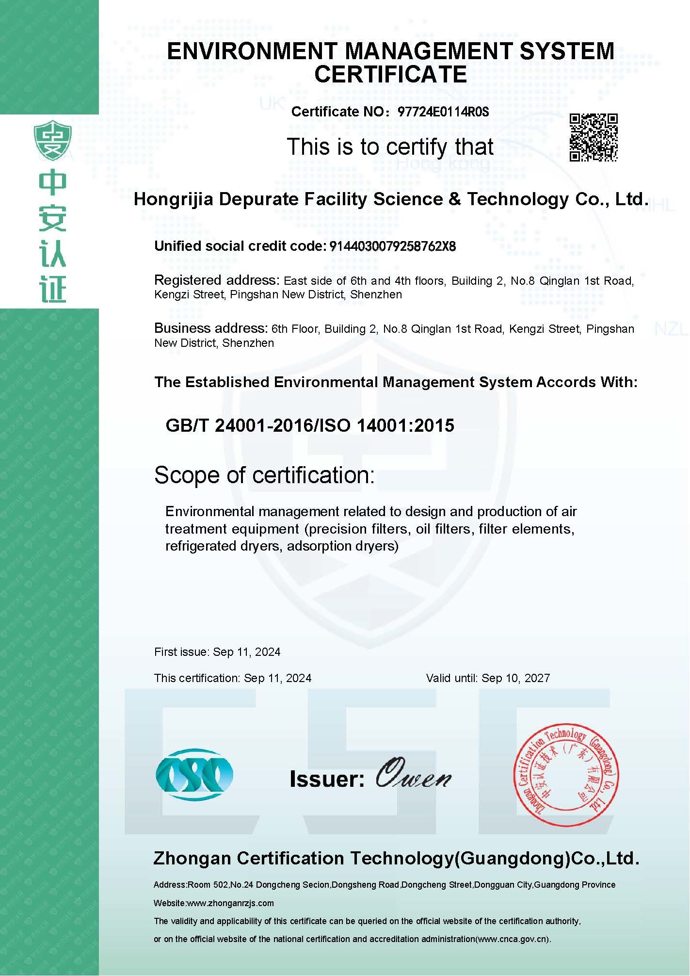 Hongrijia Depurate Facility Science & Technology Co., Ltd. Сертификации