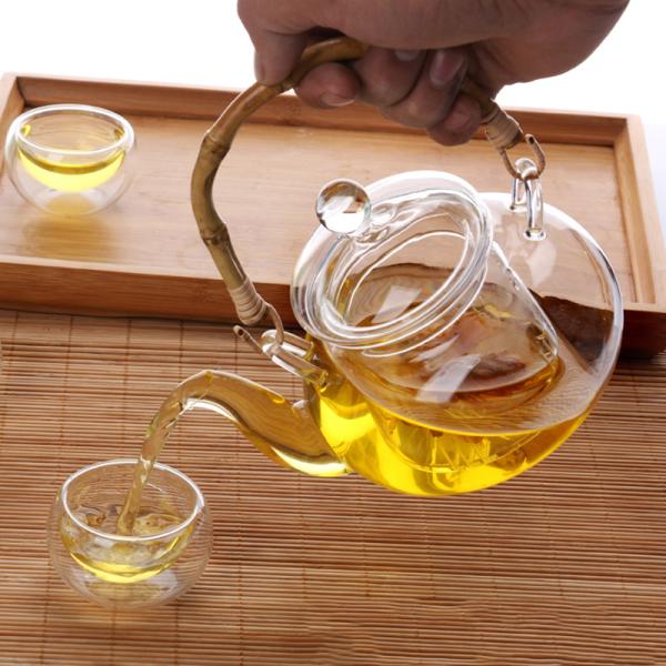 Coffee / Tea Clear Glass Teapot With Bamboo Handle Thermal Shock Protection
