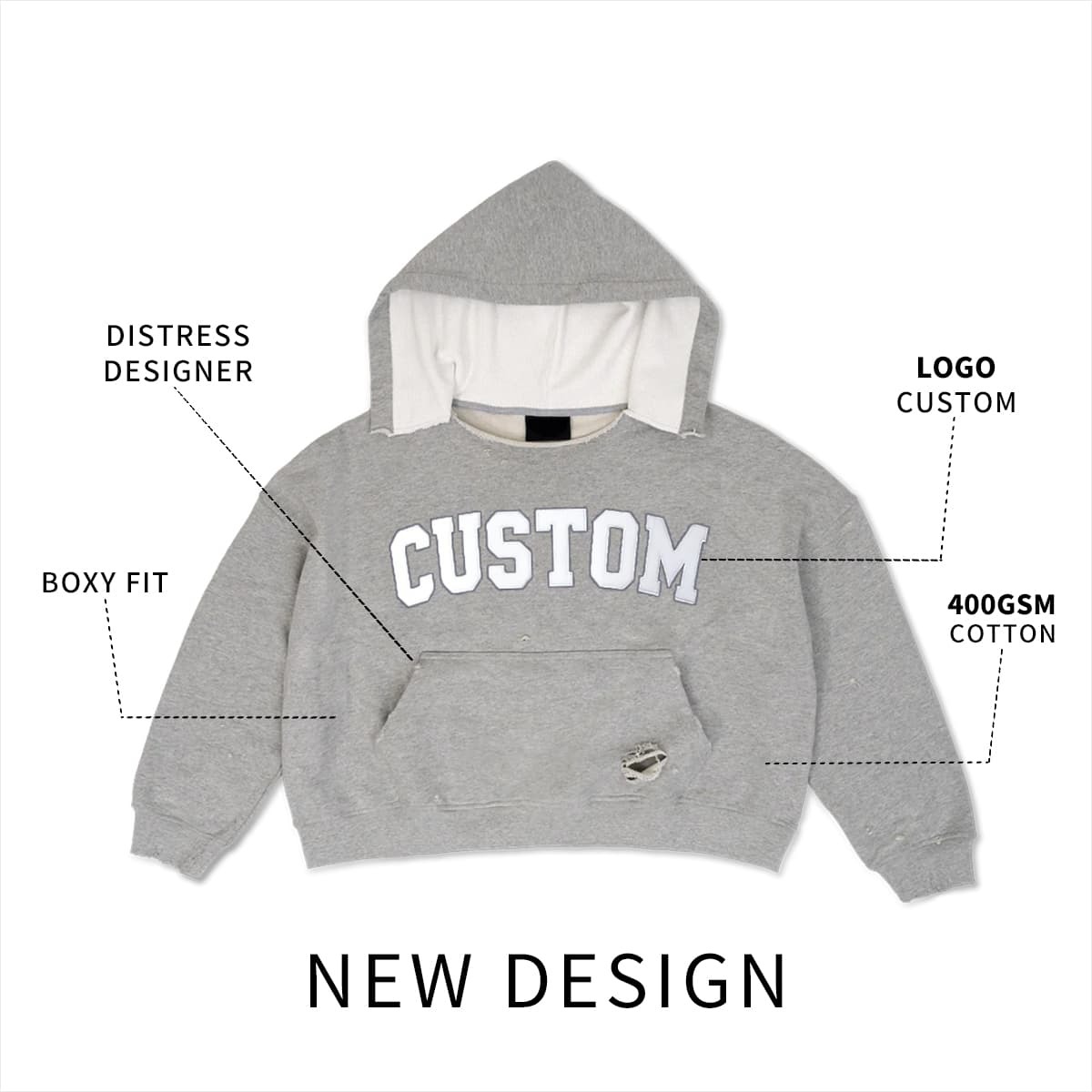 Custom Distressed 400GSM Heavyweight Boxy Fit Pullover Hoodie for Streetwear Brands