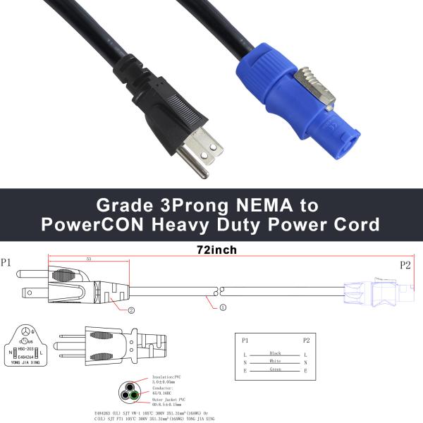 10A/15A Cabo de alimentação americano AC 14AWG NEMA5-15P para PowerCon NAC3FCA para ecrã LED