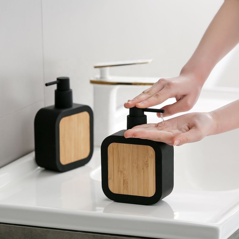 Bamboo Wood Dispenser Bottle for Liquid Hand Cream and Dishwashing Liquid Hand Sanitizer for Kitchen and Bathroom Countertops