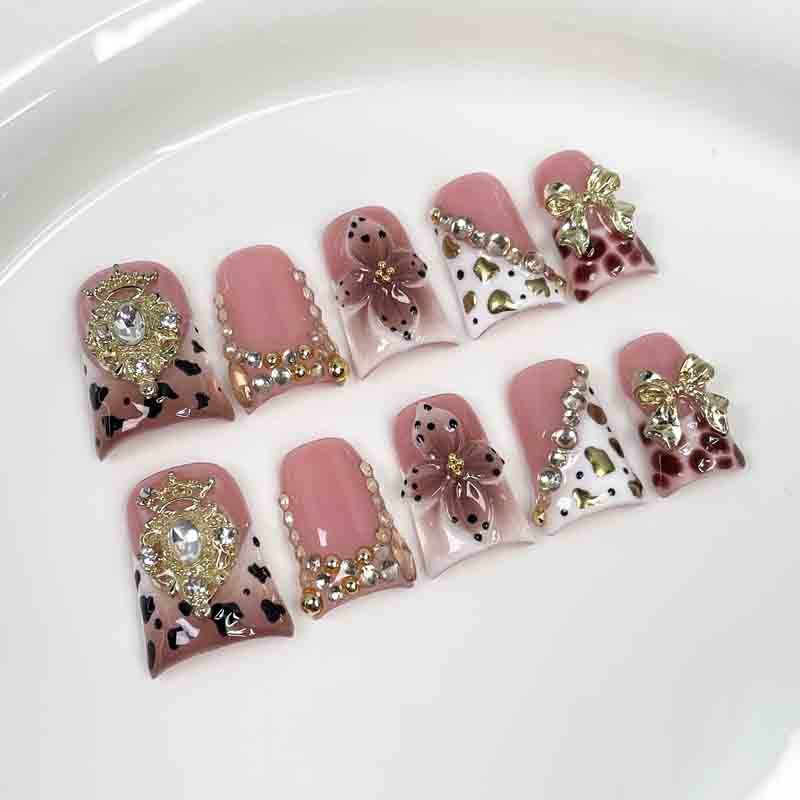 Medium Square Pink Handmade Press On Nails Cow Print Gold Bow Crown 3D Flower