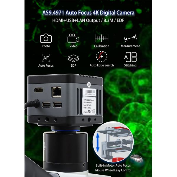 OPTO-EDU A59.4971 Auto Focus EDF 4K HDMI USB LAN Digital Microscope Camera 8.3M Flourescent