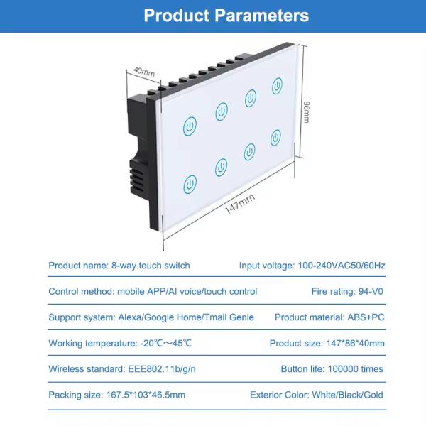 Glomarket Smart Home 8 Gang Wall Switch US Standard Tuya Voice APP Remote Control Wireless Wall Touch Light Switch