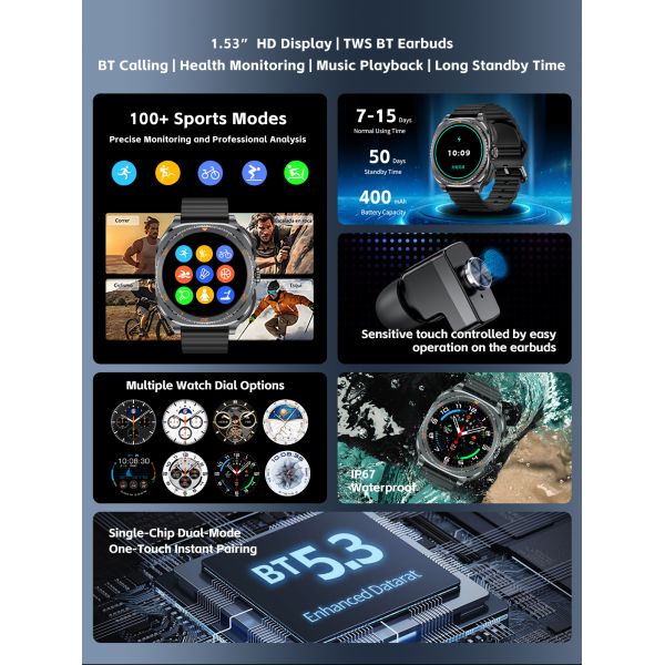 GT99 TWS 2 In 1 Smartwatch With Wireless Earbuds / Music Playback