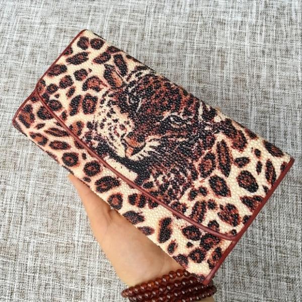 Authentic Stingray Skin Leopard Tiger Designer  Long Wallet Genuine Leather Women Large Clutch Purse Lady Card Holder